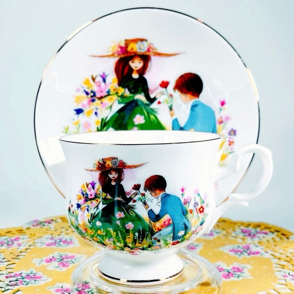 Vintage Crown Staffordshire Courting Couple Tea Cup Set